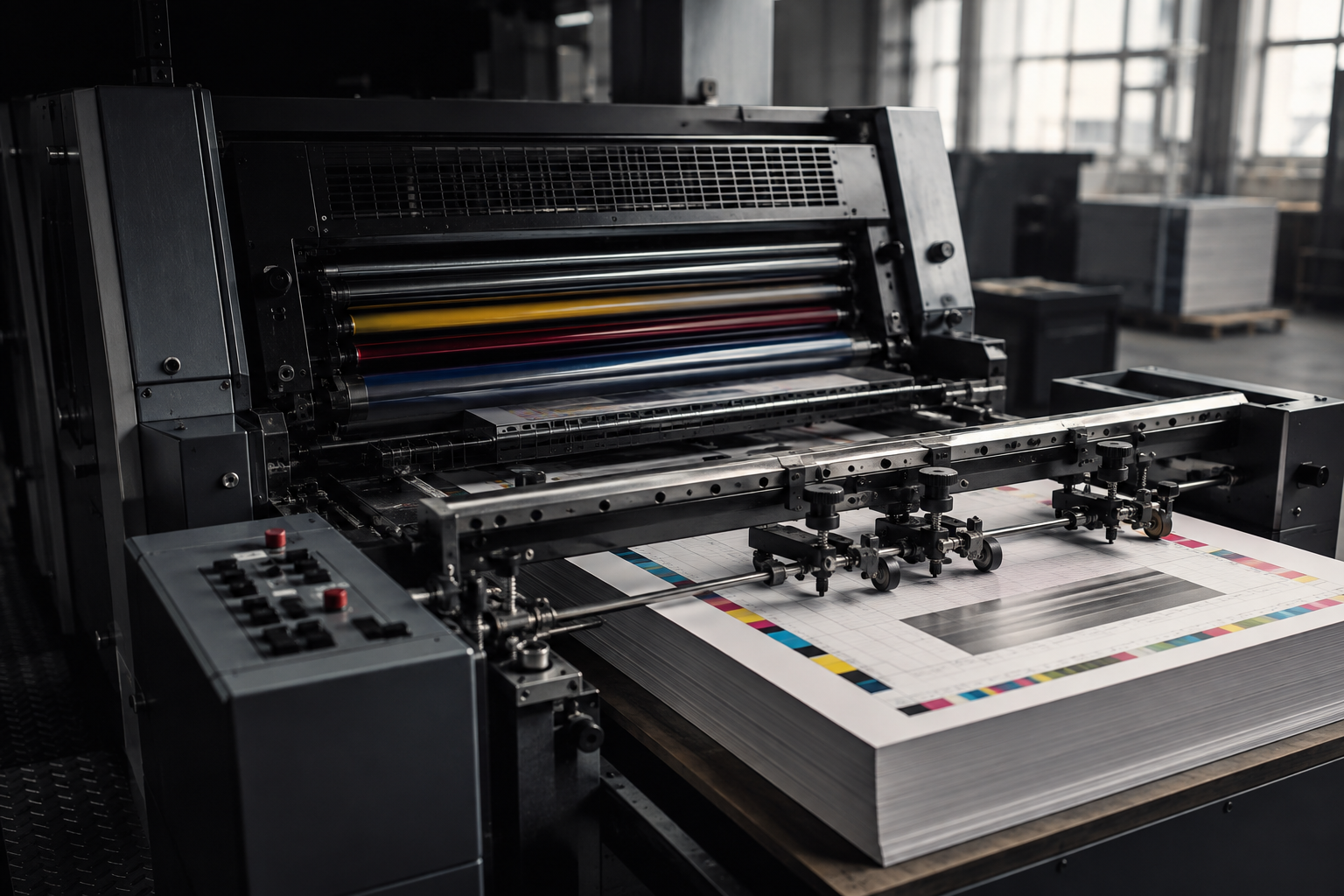 Máquina de impressão offset com folhas em produção