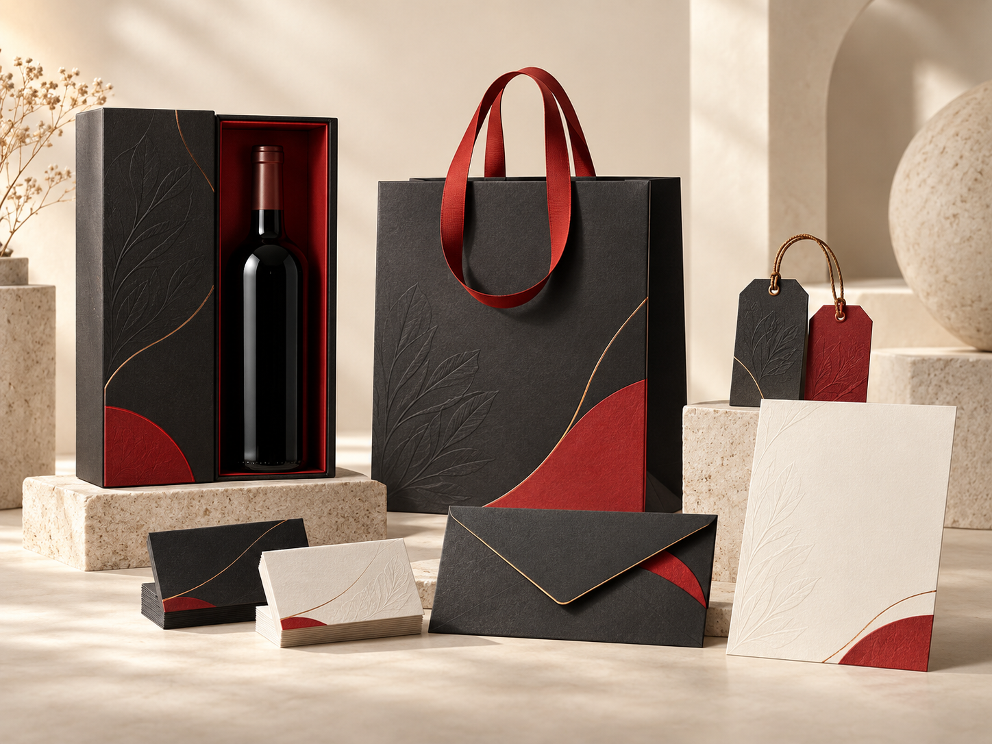 Coleção premium de packaging, saco de papel, etiquetas, cartões, envelope e papel timbrado