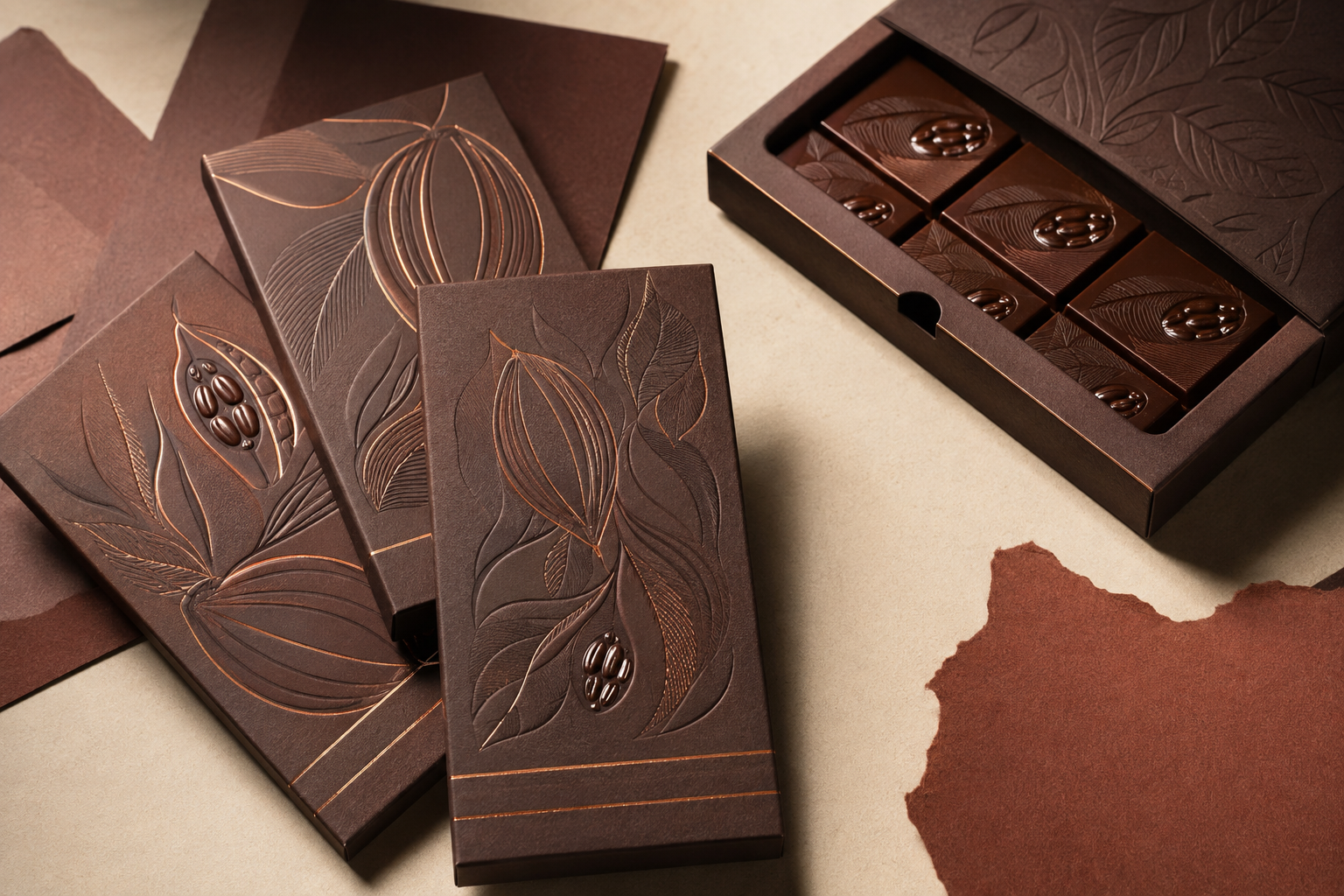 Tabletes de chocolate com relevo de cacau