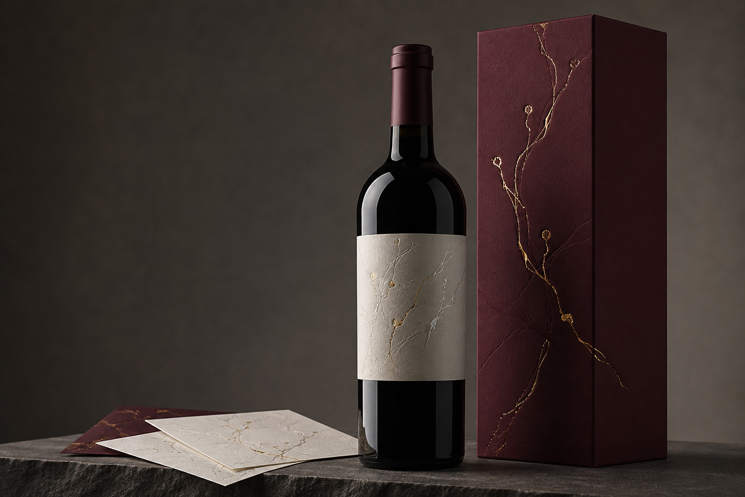 Garrafa de vinho com rótulo e caixa premium